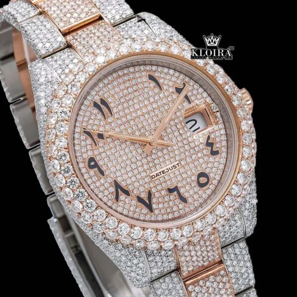 Two Tone Black Arabic Numerals Bust Down Moissanite Diamond Watch Close Up Dial View