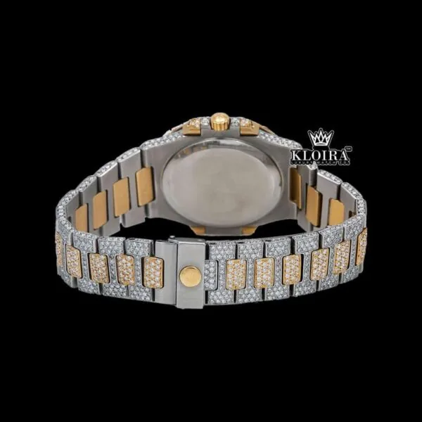 Two Tone Black Dial Fully Iced Out Stick Markers Moissanite Diamond Watch Caseback View