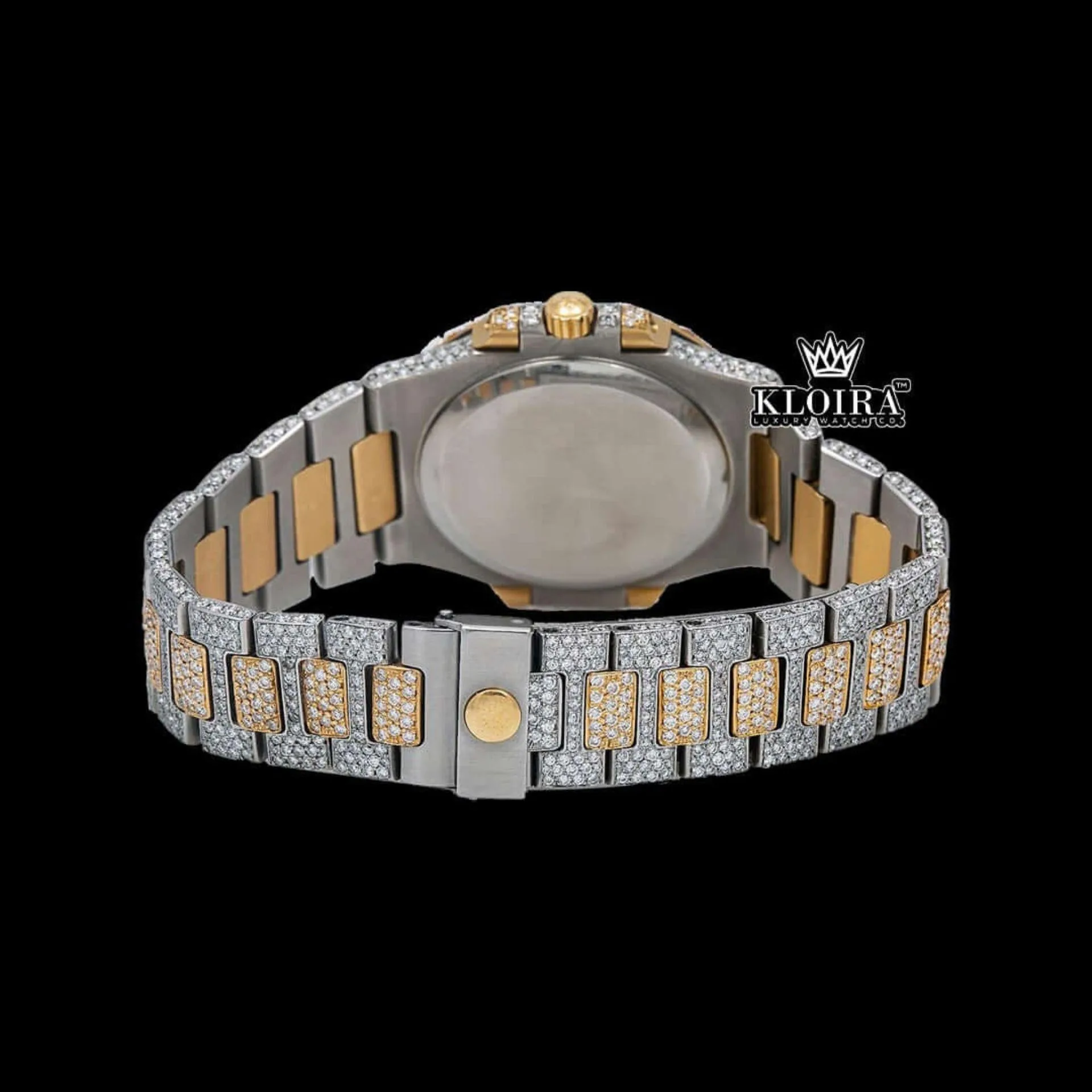 Two Tone Black Dial Fully Iced Out Stick Markers Moissanite Diamond Watch Caseback View