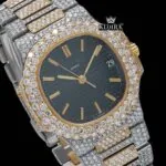 Two Tone Black Dial Fully Iced Out Stick Markers Moissanite Diamond Watch Close Up Dial View