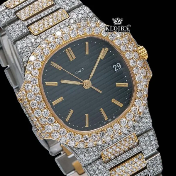 Two Tone Black Dial Fully Iced Out Stick Markers Moissanite Diamond Watch Close Up Dial View