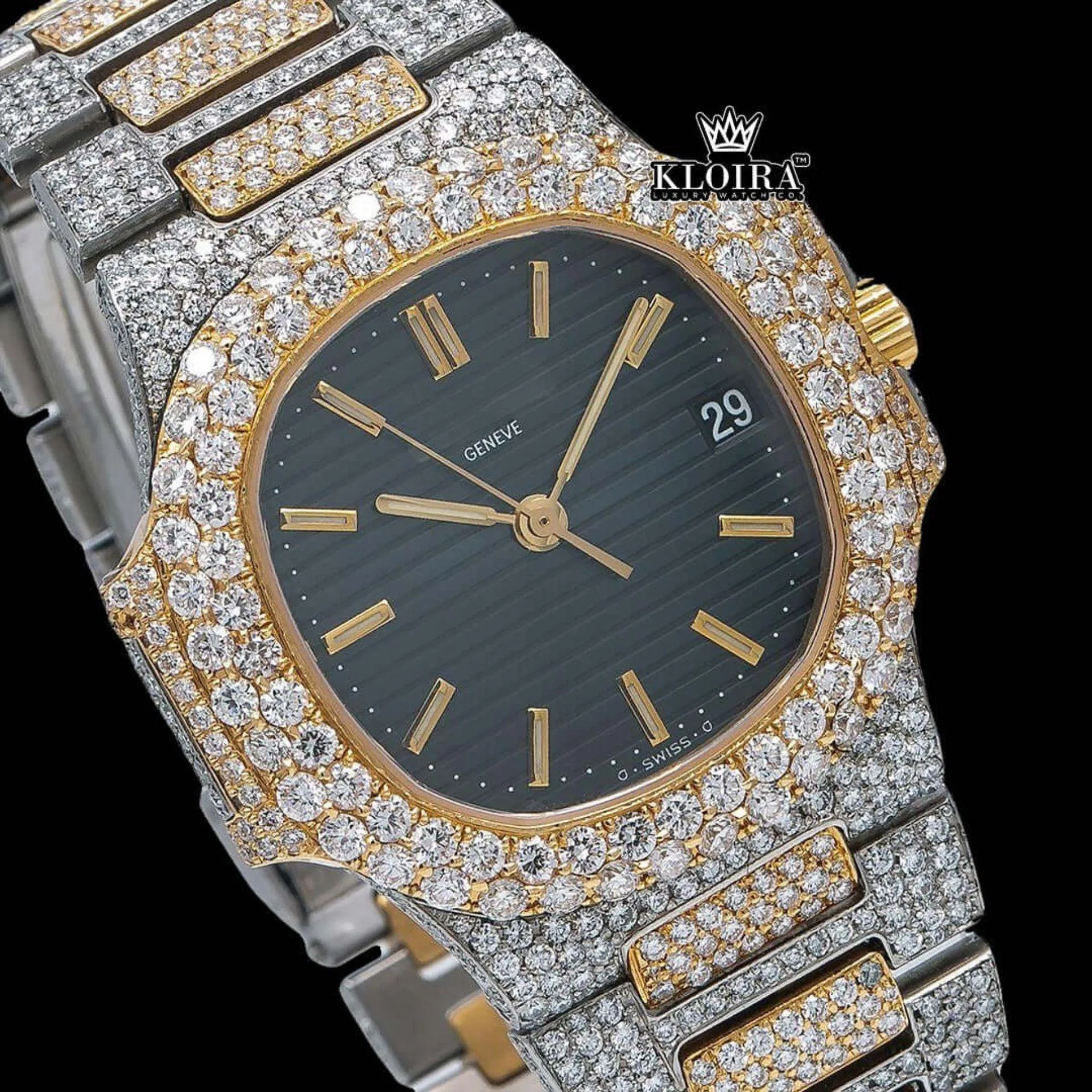 Two Tone Black Dial Fully Iced Out Stick Markers Moissanite Diamond Watch Close Up Dial View