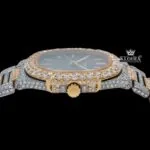 Two Tone Black Dial Fully Iced Out Stick Markers Moissanite Diamond Watch Crown View
