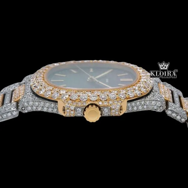 Two Tone Black Dial Fully Iced Out Stick Markers Moissanite Diamond Watch Crown View