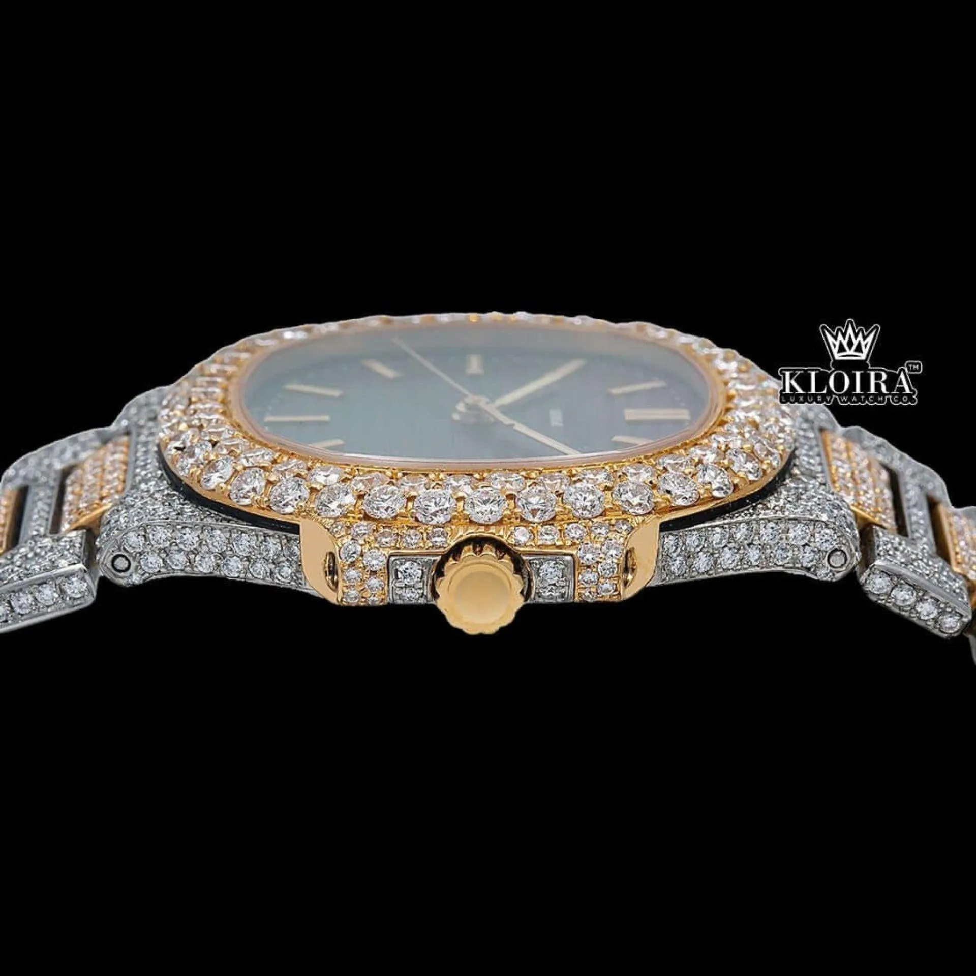 Two Tone Black Dial Fully Iced Out Stick Markers Moissanite Diamond Watch Crown View