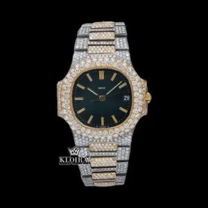 Two Tone Black Dial Fully Iced Out Stick Markers Moissanite Diamond Watch