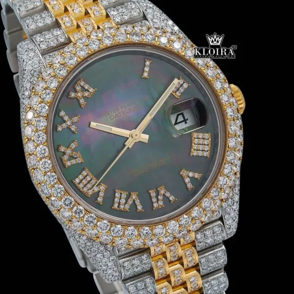 Two Tone Black Dial Roman Numerals Moissanite Diamond Watch Close Up Dial View