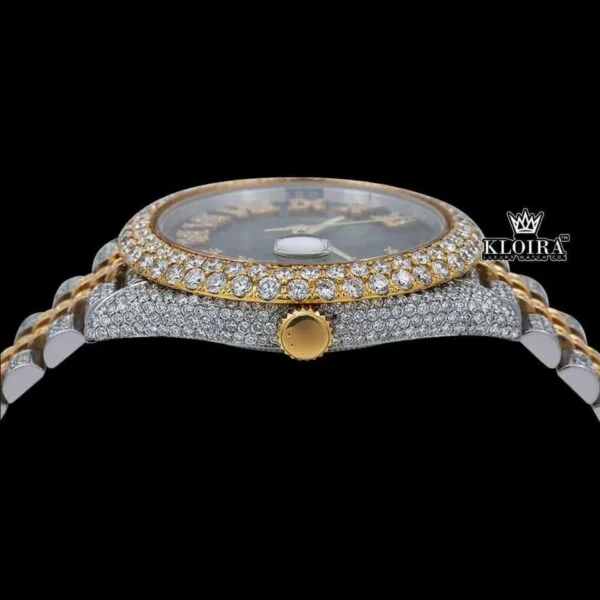 Two Tone Black Dial Roman Numerals Moissanite Diamond Watch Crown View