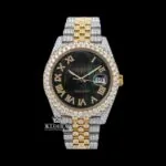 Two Tone Black Dial Roman Numerals Moissanite Diamond Watch