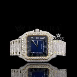 Two Tone Blue Dial Roman Numerals Moissanite Diamond Watch