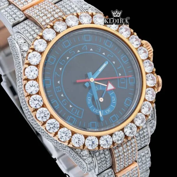 Two Tone Chronograph Blue Dial Iced Out Moissanite Diamond Watch Close Up Dial View