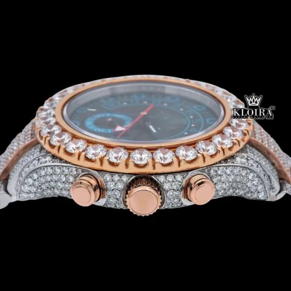 Two Tone Chronograph Blue Dial Iced Out Moissanite Diamond Watch Crown View