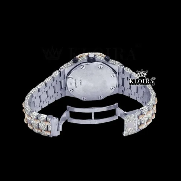 Two Tone Chronograph Standard Numerals Moissanite Diamond Watch Caseback View