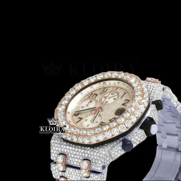 Two Tone Chronograph Standard Numerals Moissanite Diamond Watch Close Up Dial View