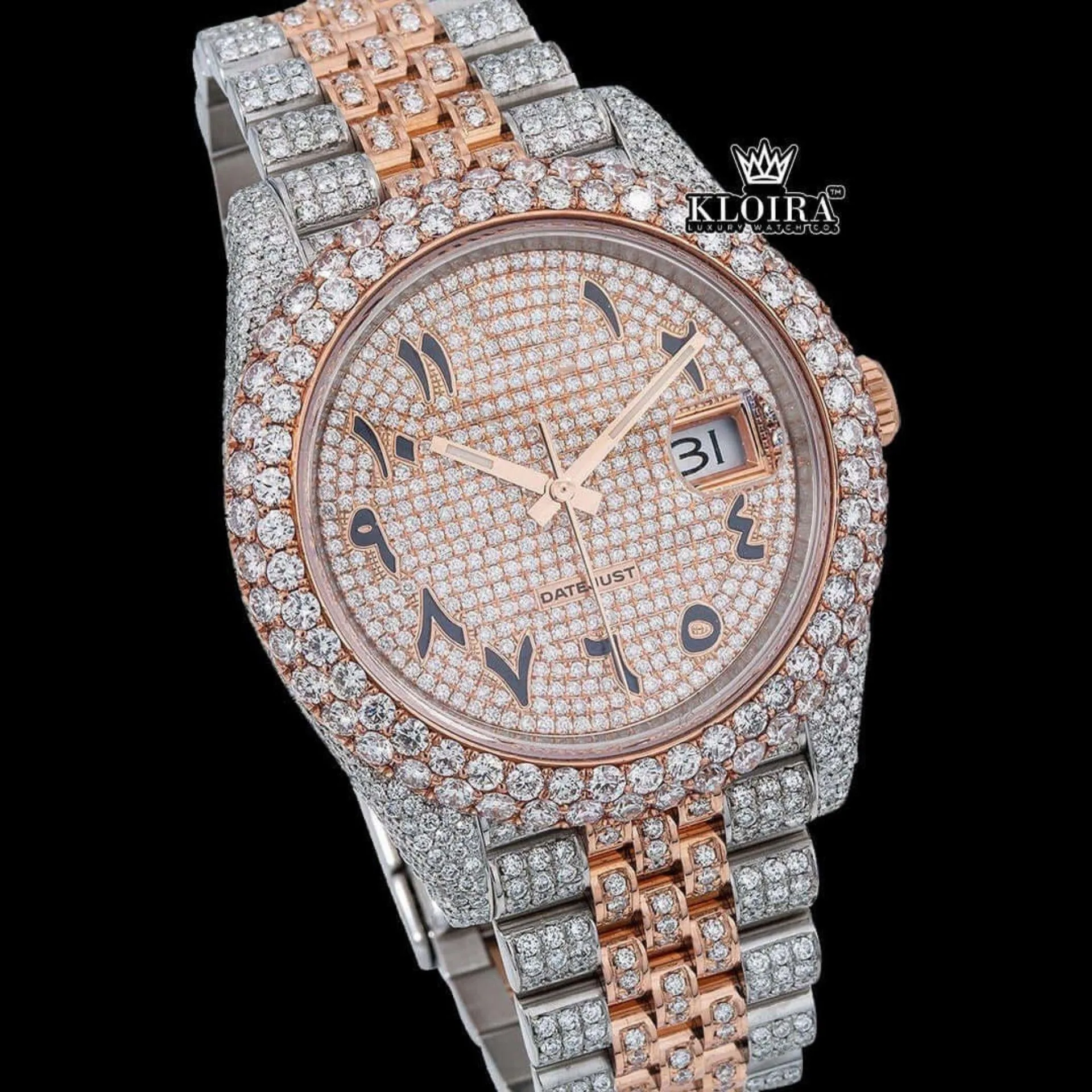 Two Tone Diamond Link Strap Arabic Dial Rose Gold Moissanite Watch Close Up Dial View