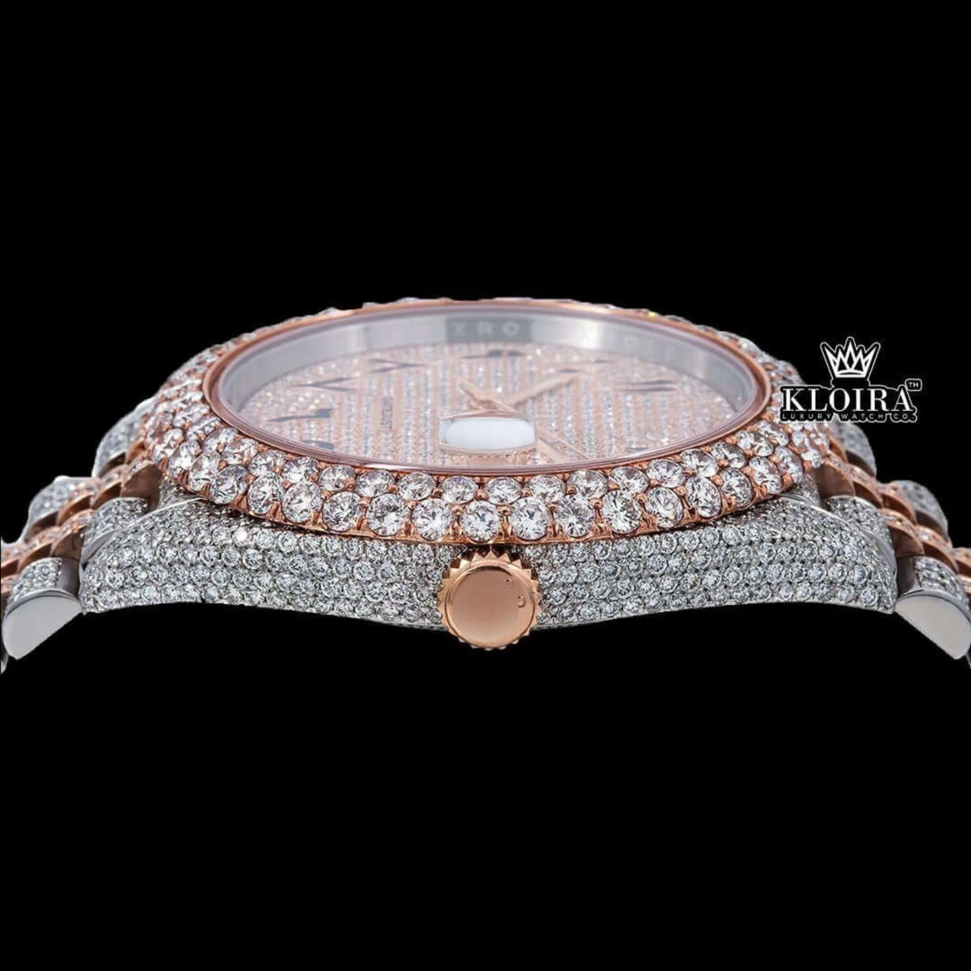 Two Tone Diamond Link Strap Arabic Dial Rose Gold Moissanite Watch Crown View