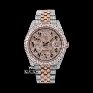 Two Tone Diamond Link Strap Arabic Dial Rose Gold Moissanite Watch