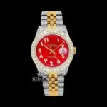 Two Tone Diamond Link Strap Arabic Numerals Red Dial Moissanite Watch