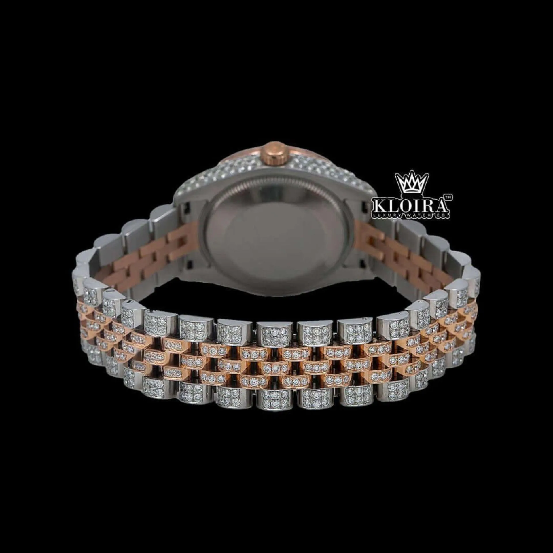 Two Tone Diamond Link Strap Pink Dial Iced Out Moissanite Watch Caseback View