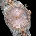 Two Tone Diamond Link Strap Pink Dial Iced Out Moissanite Watch Close Up Dial View