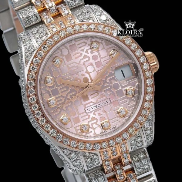 Two Tone Diamond Link Strap Pink Dial Iced Out Moissanite Watch Close Up Dial View