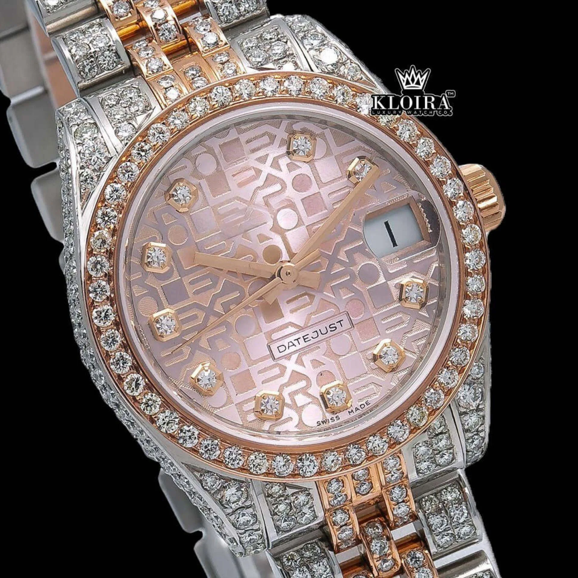 Two Tone Diamond Link Strap Pink Dial Iced Out Moissanite Watch Close Up Dial View