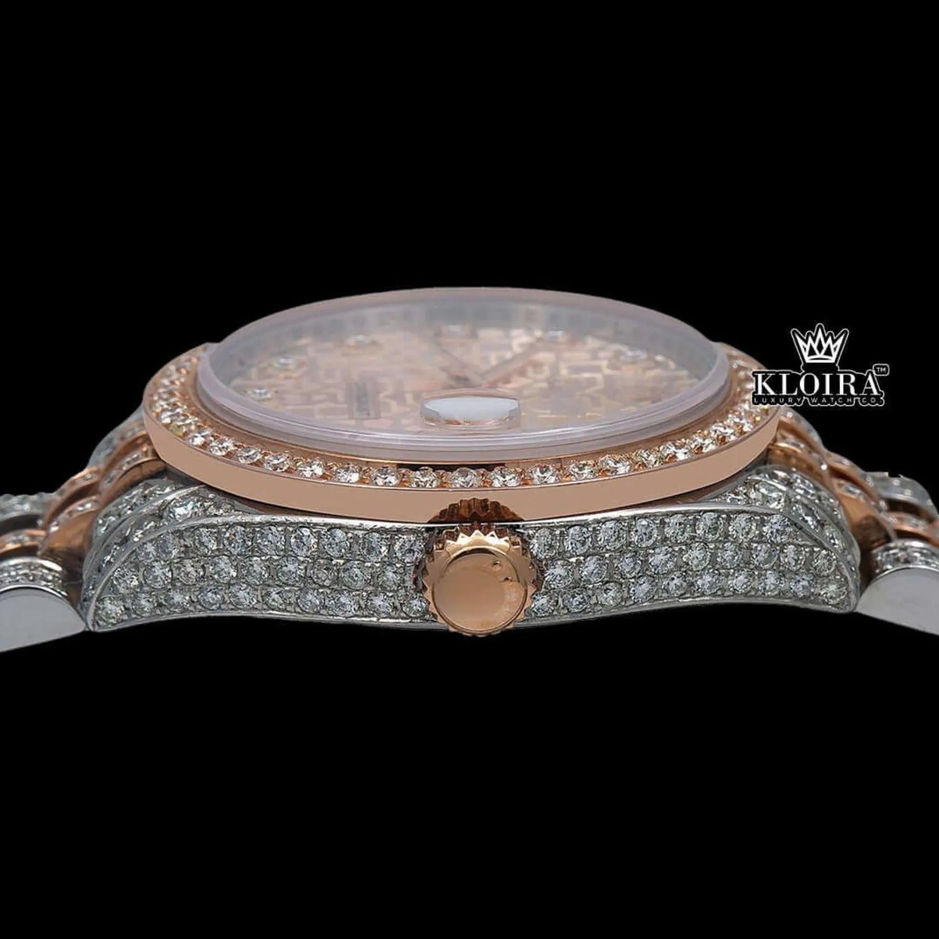 Two Tone Diamond Link Strap Pink Dial Iced Out Moissanite Watch Crown View