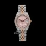 Two Tone Diamond Link Strap Pink Dial Iced Out Moissanite Watch