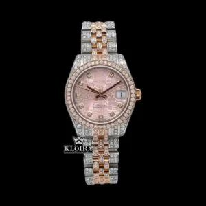 Two Tone Diamond Link Strap Pink Dial Iced Out Moissanite Watch