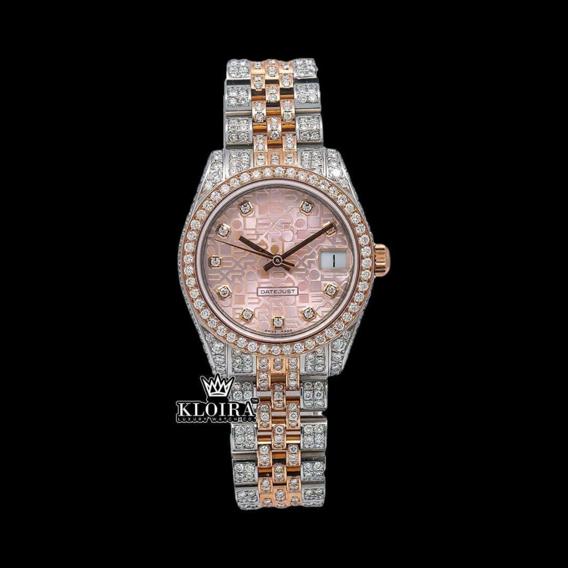 Two Tone Diamond Link Strap Pink Dial Iced Out Moissanite Watch Front View