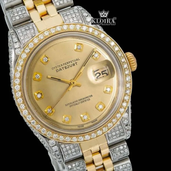 Two Tone Diamond Marker Yellow Gold Dial Moissanite Diamond Watch Close Up Dial View