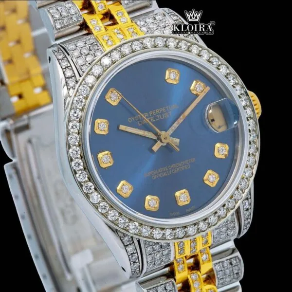 Two Tone Diamond Markers Blue Dial Iced Out Moissanite Diamond Watch Close Up Dial View