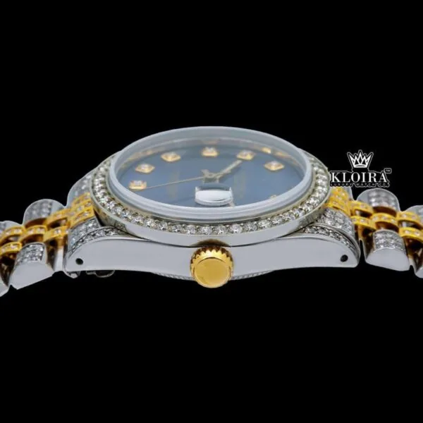 Two Tone Diamond Markers Blue Dial Iced Out Moissanite Diamond Watch Crown View