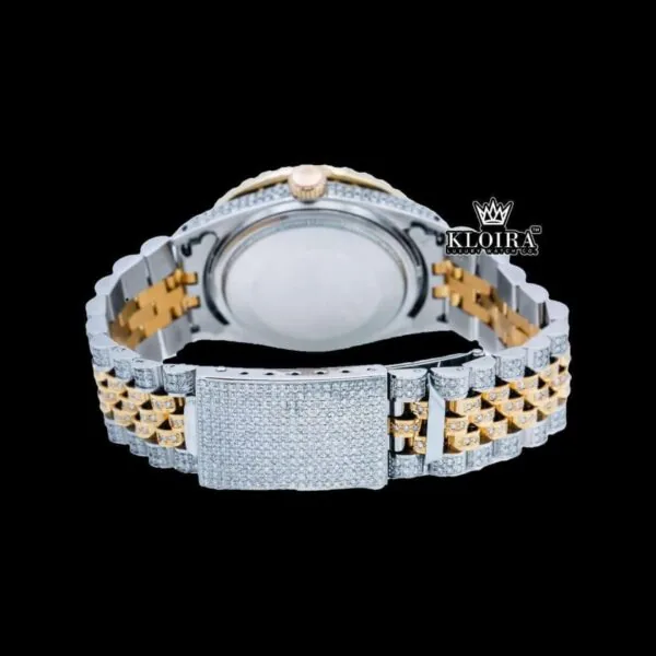 Two Tone Diamond Studded Roman Numerals Moissanite Diamond Watch Close Up Caseback View