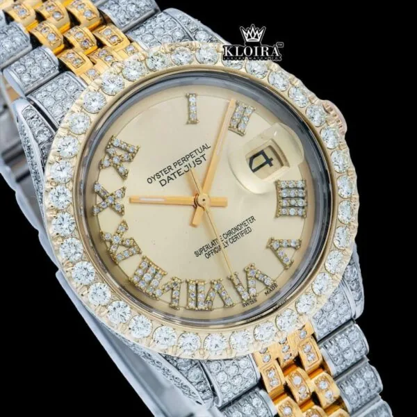 Two Tone Diamond Studded Roman Numerals Moissanite Diamond Watch Close Up Dial View