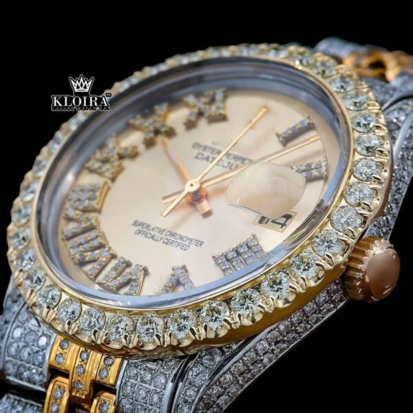 Two Tone Diamond Studded Roman Numerals Moissanite Diamond Watch Close Up Front View