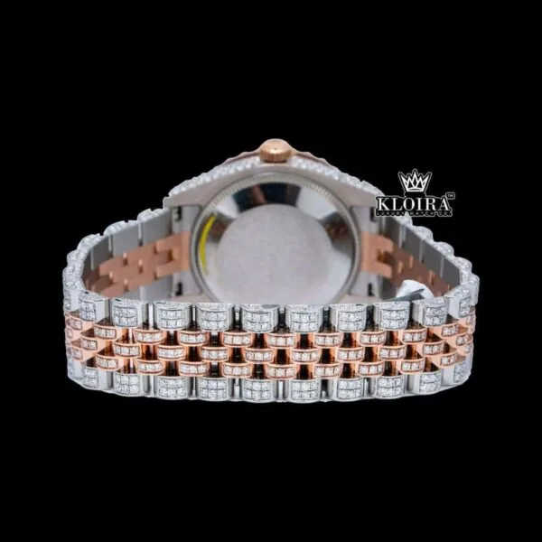 Two Tone Fully Iced Out White Roman Dial Moissanite Diamond Watch Caseback View