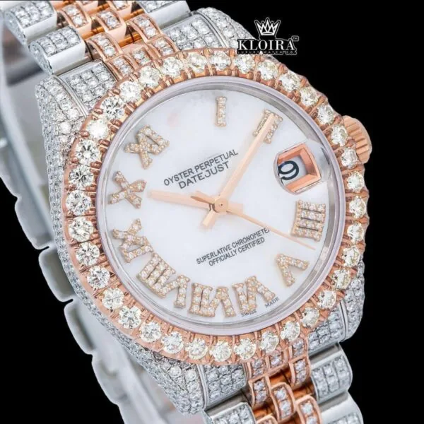 Two Tone Fully Iced Out White Roman Dial Moissanite Diamond Watch Close Up Dial View