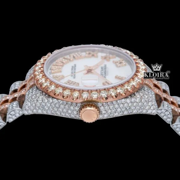 Two Tone Fully Iced Out White Roman Dial Moissanite Diamond Watch Crown View