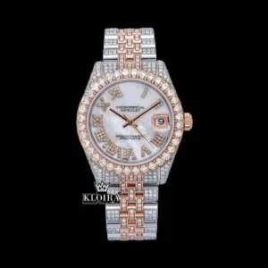 Two Tone Fully Iced Out White Roman Dial Moissanite Diamond Watch