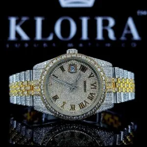 Two Tone Fully Iced Out Yellow Roman Dial Moissanite Watch