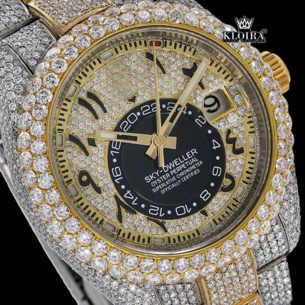 Two Tone Gold Dial Arabic Numerals Iced Out Moissanite Diamond Watch Close Up Dial View