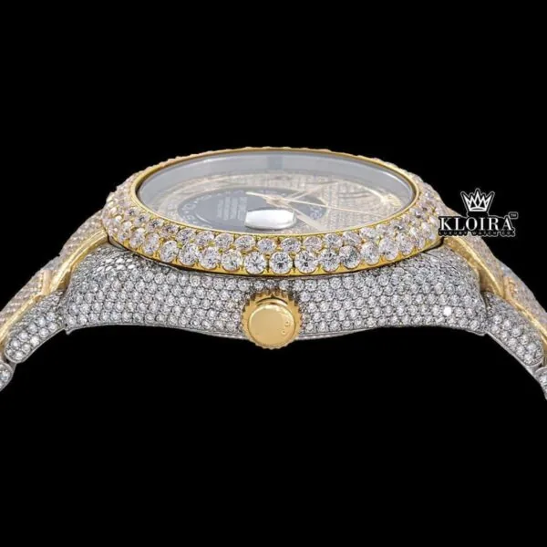 Two Tone Gold Dial Arabic Numerals Iced Out Moissanite Diamond Watch Crown View