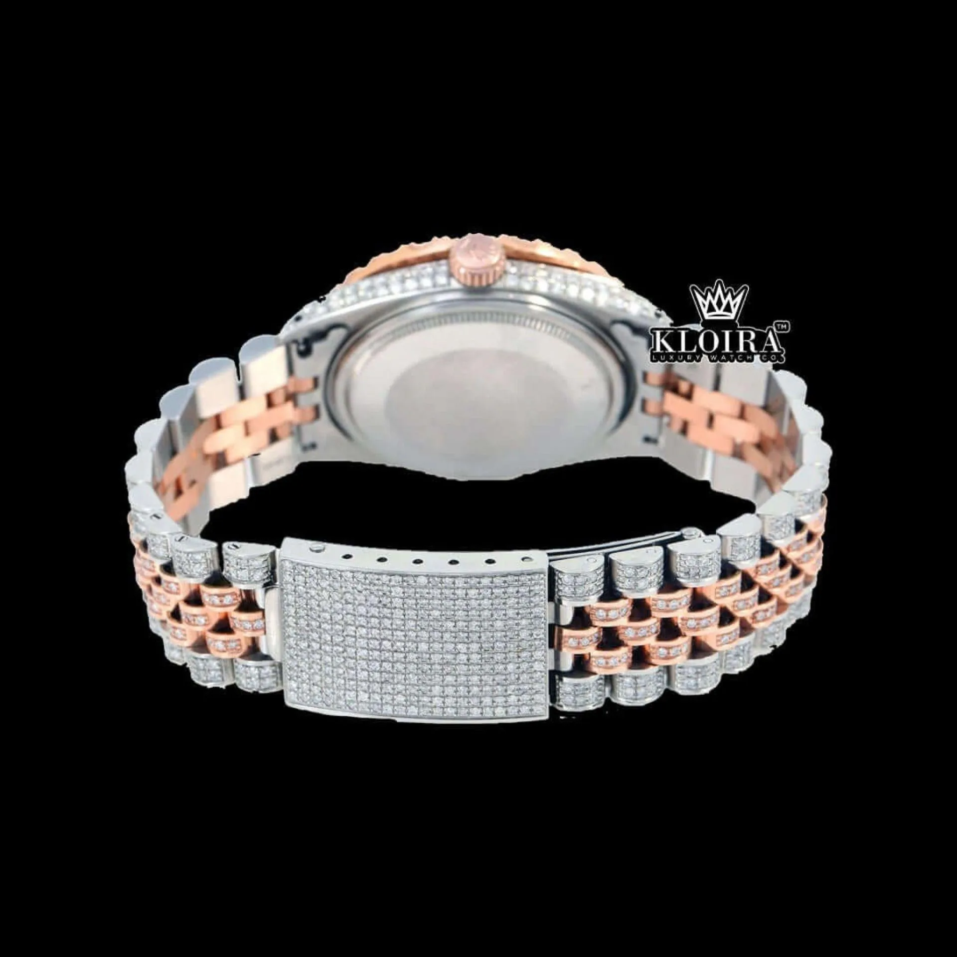 Two Tone Iced Out Arabic Numerals Green Dial Moissanite Diamond Watch Caseback View