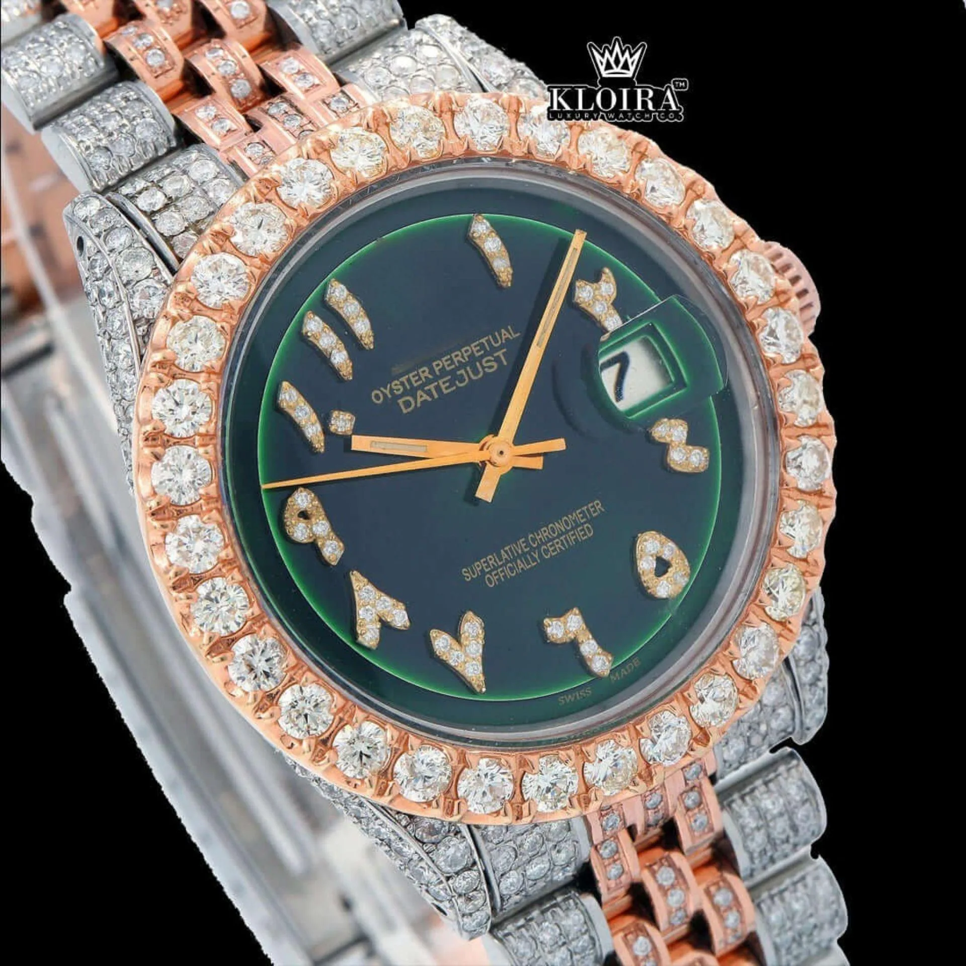 Two Tone Iced Out Arabic Numerals Green Dial Moissanite Diamond Watch Close Up Dial View