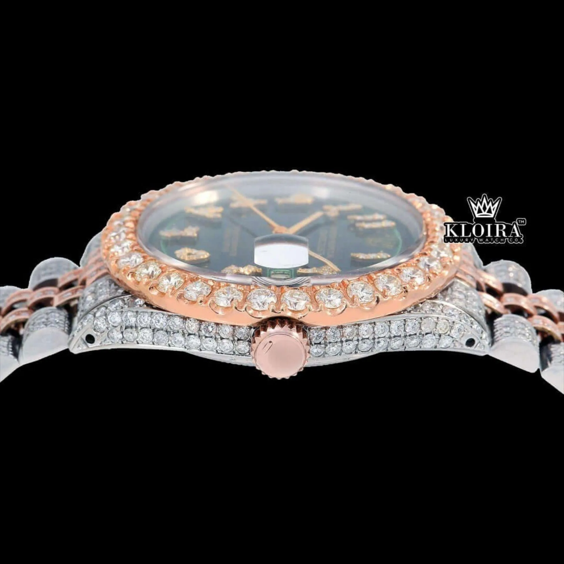 Two Tone Iced Out Arabic Numerals Green Dial Moissanite Diamond Watch Crown View