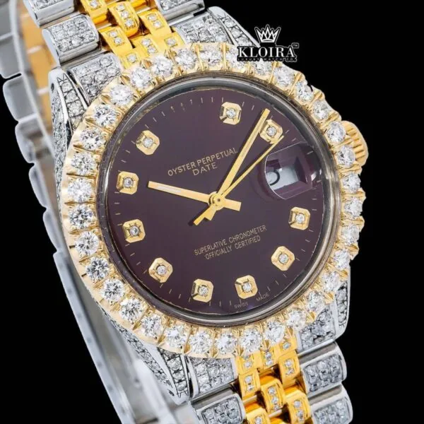 Two Tone Iced Out Brown Dial Diamond Markers Moissanite Watch Close Up Dial View