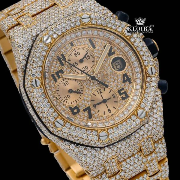 Two Tone Iced Out Chronograph Moissanite Diamond Watch Close Up Dial View