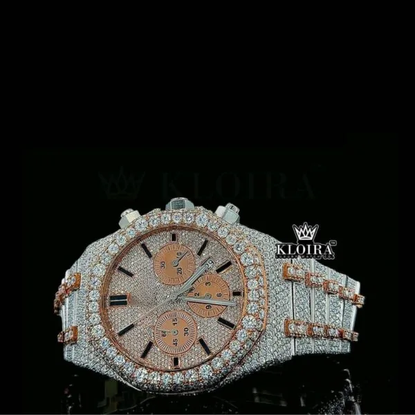 Two Tone Iced Out Chronograph Rose Dial Moissanite Diamond Watch Close Up Dial View
