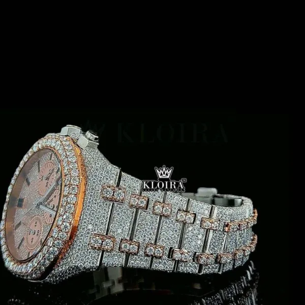 Two Tone Iced Out Chronograph Rose Dial Moissanite Diamond Watch Left Side View